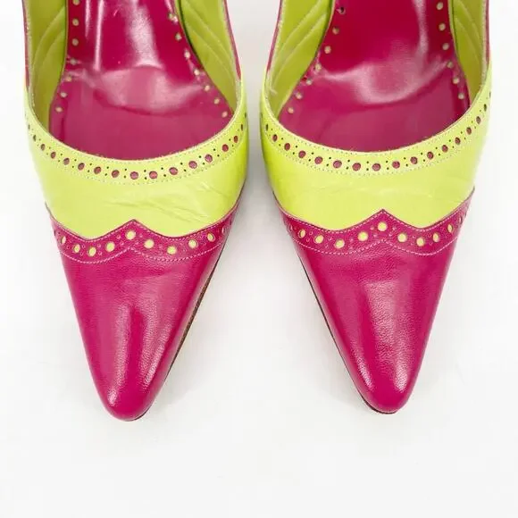 Manolo Blahnik Vintage Lime Pink Wingtip Mary Jane Pointed Toe Mule Heel IT 37 - Picture 6 of 11